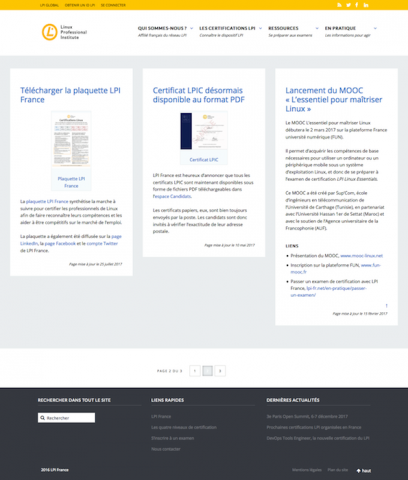 Site LPI France. Page d'accueil, avec les actualités