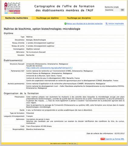 Maquette cartographie AUF. Exemple de fiche formation